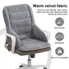 A gray office chair cushion with marketing text and icons. Produktbild-Vorschau