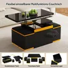 A multi-functional coffee table with storage ottomans, shown in various configurations. Voir les images du produit