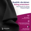 A black fabric sample with marketing text and icons. Produktbild-Vorschau
