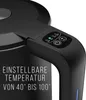 A close-up of a black electric kettle's handle, showing a digital display with temperature settings and control buttons. Produktbild-Vorschau