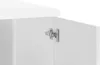 A close-up view of a white cabinet door with a metal hinge attached. Produktbild-Vorschau