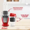 A red Arzum personal blender with two transparent bottles and text overlays highlighting features. Produktbild-Vorschau