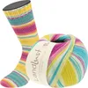 A ball of yarn and a knitted sock are displayed together. Produktbild-Vorschau