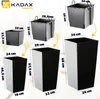A collage of different sizes of black and gray planters with dimensions indicated by text and lines. Podgląd zdjęcia produktu