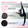 A young gymnast performs a split on a pink balance beam, with text overlays describing the materials. Náhled obrázku produktu