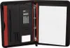 An open black and red A4 conference folder with a notepad, calculator, and card slots. Voir les images du produit