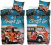 Two bedding sets featuring a Volkswagen van with graffiti art and palm trees.