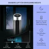 A product image showing an air purifier in a dark room with a window in the background, accompanied by feature descriptions and icons on a purple background. Produktbild-Vorschau