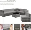 A modular rattan lounge set with a coffee table, shown on a white background with descriptive text and close-up images of features. Náhled obrázku produktu