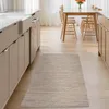 A kitchen with a rug in front of cabinets and a dining table in the background. Produktbild-Vorschau