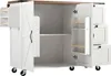A white kitchen island with a wooden top and open doors, showing shelves and drawers. It is on wheels. Anteprima dell’immagine prodotto