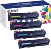 A set of four toner cartridges for a printer, displayed in front of their packaging box. Produktbild-Vorschau