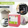 A collage of images showing a large bottle of universal descaler and various household appliances it can be used on, such as a shower head, dishwasher, coffee machine, and iron. Produktbild-Vorschau