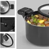 A collage of images showing details of a black aluminum pot with a glass lid, filled with stew. Produktbild-Vorschau