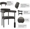 A dark gray upholstered chair with black metal legs, presented with various callouts highlighting its features. Podgląd zdjęcia produktu