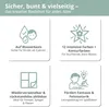 A collage of four graphic elements, each illustrating a feature of a craft set. The top left shows water drops and a child's face, representing water-based and child-safe. The top right shows a star with a flower, symbolizing colors and clear motifs. The b Produktbild-Vorschau
