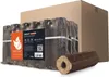 A package of wood briquettes is shown in front of a cardboard box, with one briquette in the foreground. Produktbild-Vorschau