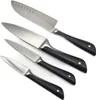 A set of four kitchen knives with black handles and silver blades, arranged diagonally on a white background. Produktbild-Vorschau