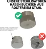 Comparison of stainless steel and aluminum parts for sterilizers, with text highlighting the benefits of stainless steel. Produktbild-Vorschau