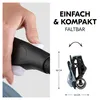 A hand is shown pressing a button on a stroller handle, with a folded stroller and its dimensions displayed next to it. Produktbild-Vorschau