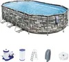 An oval-shaped above-ground swimming pool with a stone-like pattern on its sides, along with its accessories, displayed on a white background. Náhled obrázku produktu