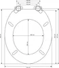 A top-down technical drawing of a toilet seat with dimensions indicated. Produktbild-Vorschau