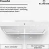A white range hood shown with diagrams illustrating air flow for extraction and recirculation modes. Podgląd zdjęcia produktu