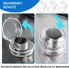 A collage showing clear plastic stove knob covers for child safety, with one cover shown open and another closed over a stove knob. There are also three individual covers shown at the top. Produktbild-Vorschau