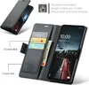 A black leather wallet-style phone case is shown open, displaying its card and cash slots, and a phone inserted into the case. Produktbild-Vorschau