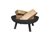A black fire pit with three logs of wood inside, set against a white background. Voir les images du produit