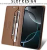 A brown leather flip wallet phone case is open, showing card slots and a phone inside. Produktbild-Vorschau