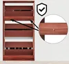 A wooden shoe cabinet with multiple flip-down drawers, shown with a close-up detail of a screw and a security badge. Produktbild-Vorschau