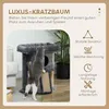 A cat is interacting with a cat tree, with descriptive text and icons on the right side of the image. Produktbild-Vorschau