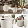 A collage of images showcasing a white bouclé upholstered storage ottoman with a wooden base, highlighting its features and storage capacity. Náhled obrázku produktu
