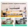 A collage of images showing an L-shaped desk with dimensions and comparisons to other desks. Produktbild-Vorschau