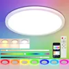 A product image showcasing a white LED ceiling light with various color options and control methods. Produktbild-Vorschau