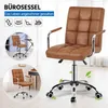 A collage of images showcasing a brown leather office chair with chrome accents, including close-ups and lifestyle shots. Produktbild-Vorschau