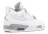 A side view of a white Air Jordan 4 Retro sneaker with gray accents. Produktbild-Vorschau