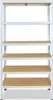 A white metal shelving unit with wooden shelves against a white background. Anteprima dell’immagine prodotto