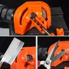 A collage of images showing an orange drill bit sharpener being used with a drill, a knife, and scissors. Podgląd zdjęcia produktu