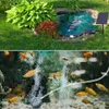 A split image showing a solar-powered pond aerator in a garden pond and a close-up of fish in an aquarium with an aerator. Produktbild-Vorschau