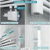 A collage of four images showing different connection types and mounting options for a white radiator. Produktbild-Vorschau