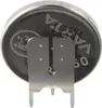 Close-up view of the top of a silver coin-cell battery with metal contacts. Produktbild-Vorschau