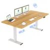 A digitally rendered image of a standing desk with dual monitors, a laptop, and a cup of coffee. Produktbild-Vorschau