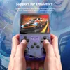 Hands holding a purple handheld game console displaying a racing game. Produktbild-Vorschau