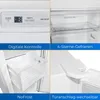 A collage of four images showcasing different features of a white refrigerator. Produktbild-Vorschau