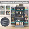 A gray kitchen cabinet with various food items and kitchenware displayed on its shelves. The image also includes inset diagrams showing adjustable shelf heights and different configurations of items within smaller cabinet units. Produktbild-Vorschau