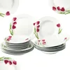 A collection of white porcelain dinnerware with red tulip designs, arranged on a white background. Náhľad obrázku produktu