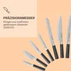 A collection of kitchen knives arranged diagonally on a light orange background, with marketing text on the left. Produktbild-Vorschau