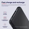 A close-up view of a black power bank with its ports visible, alongside marketing text and icons. Produktbild-Vorschau